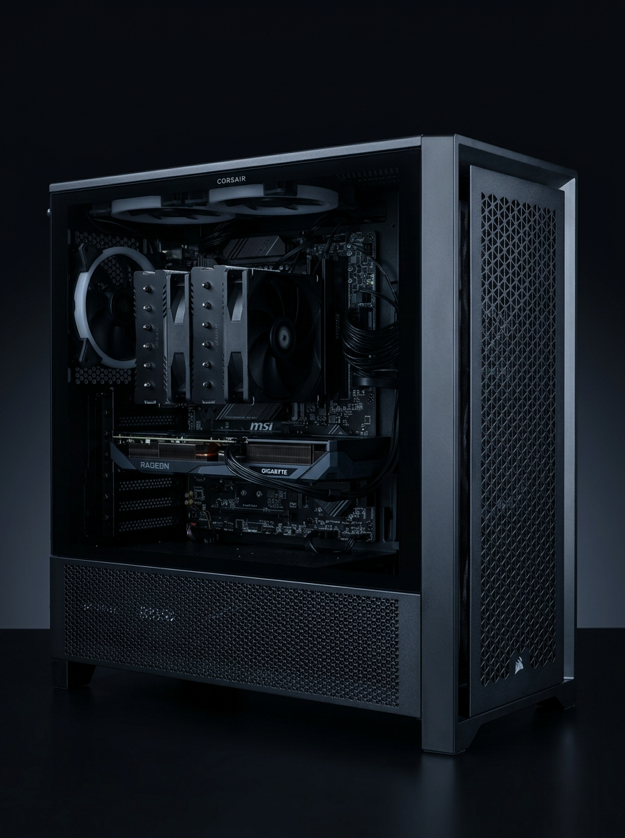 Black desktop workstation build shown at an angle