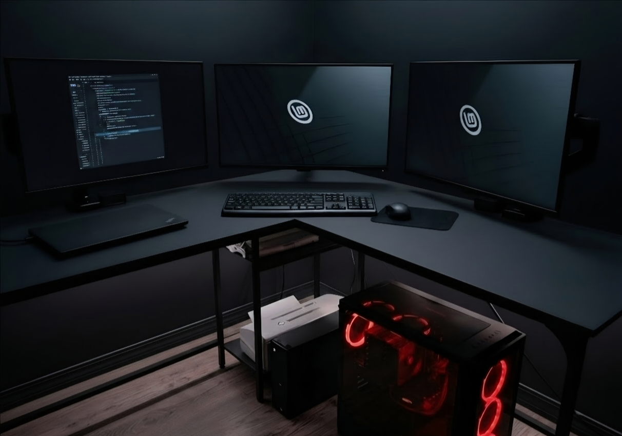 Three-monitor corner workstation with coding displays and a red-lit desktop computer